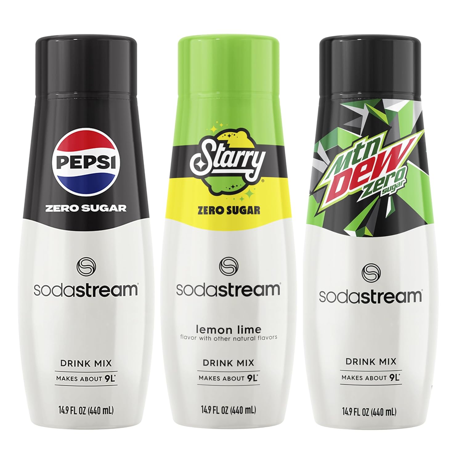 SodaStream Pepsi, Starry & MTN Dew Variety Pack, Zero Sugar, 440ml, (Pack of 3)-0