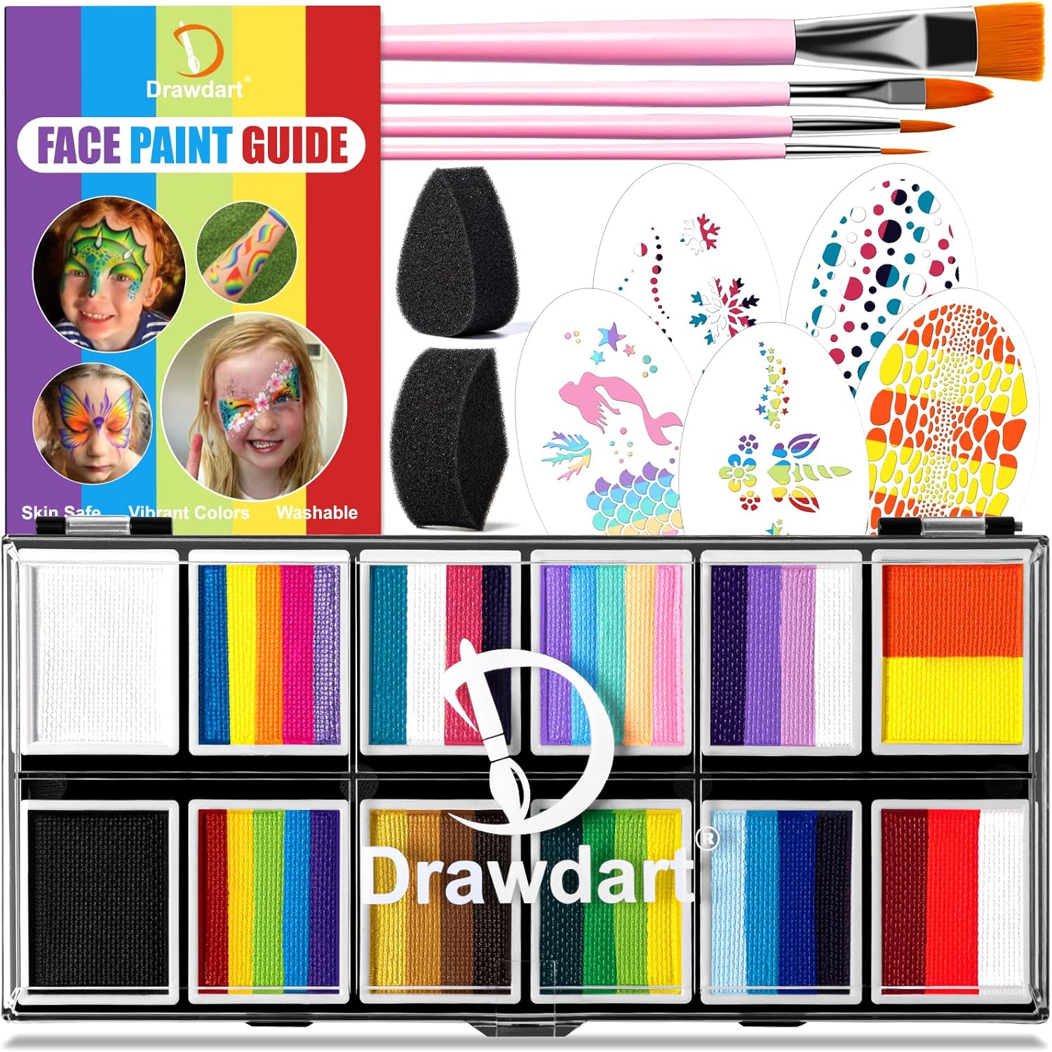 Drawdart Professional Face Painting Kit for Kids Adults, Split Cake Face Paint Palette 12 x 10gm with Stencil, One Stroke Non Toxic Rainbow Face Body Paint Set Halloween Christmas Makeup-0