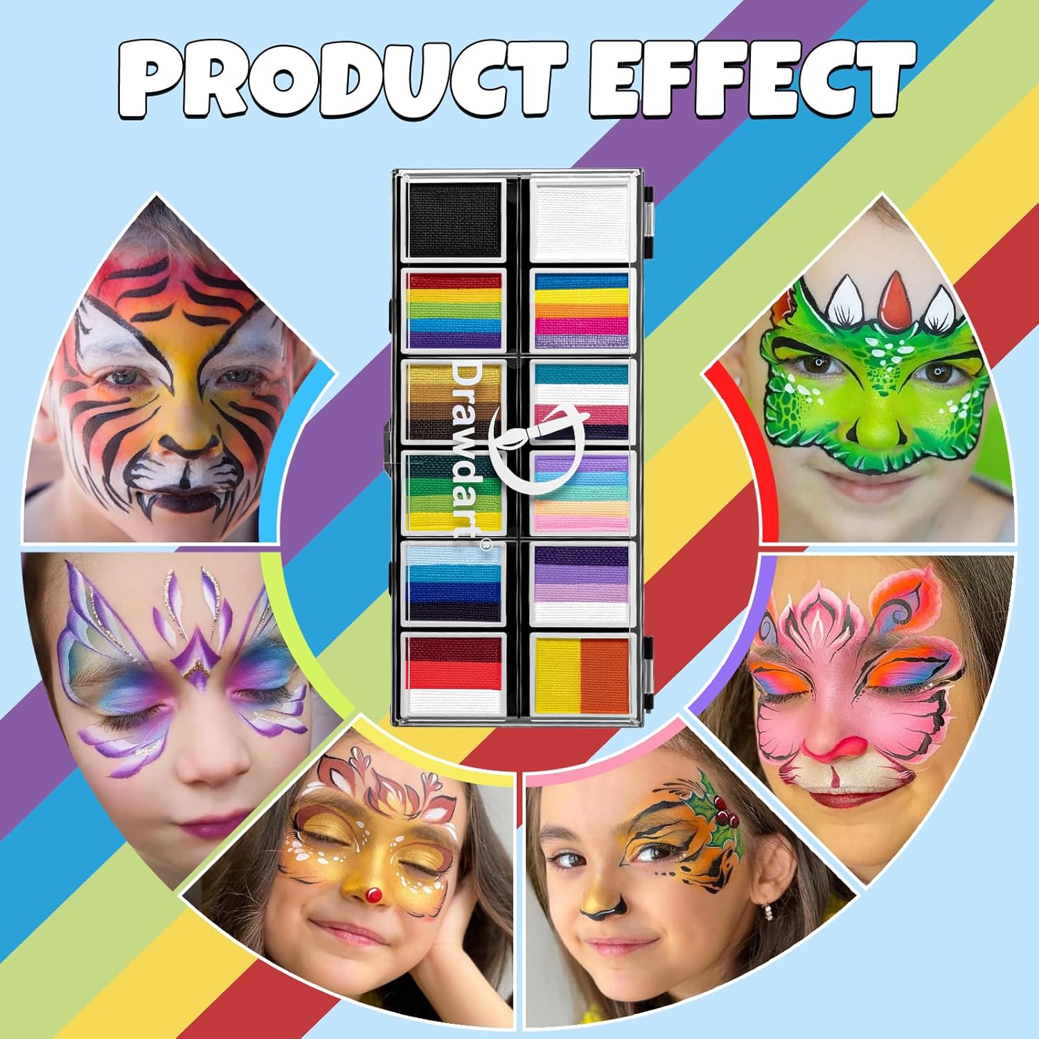 Drawdart Professional Face Painting Kit for Kids Adults, Split Cake Face Paint Palette 12 x 10gm with Stencil, One Stroke Non Toxic Rainbow Face Body Paint Set Halloween Christmas Makeup-8