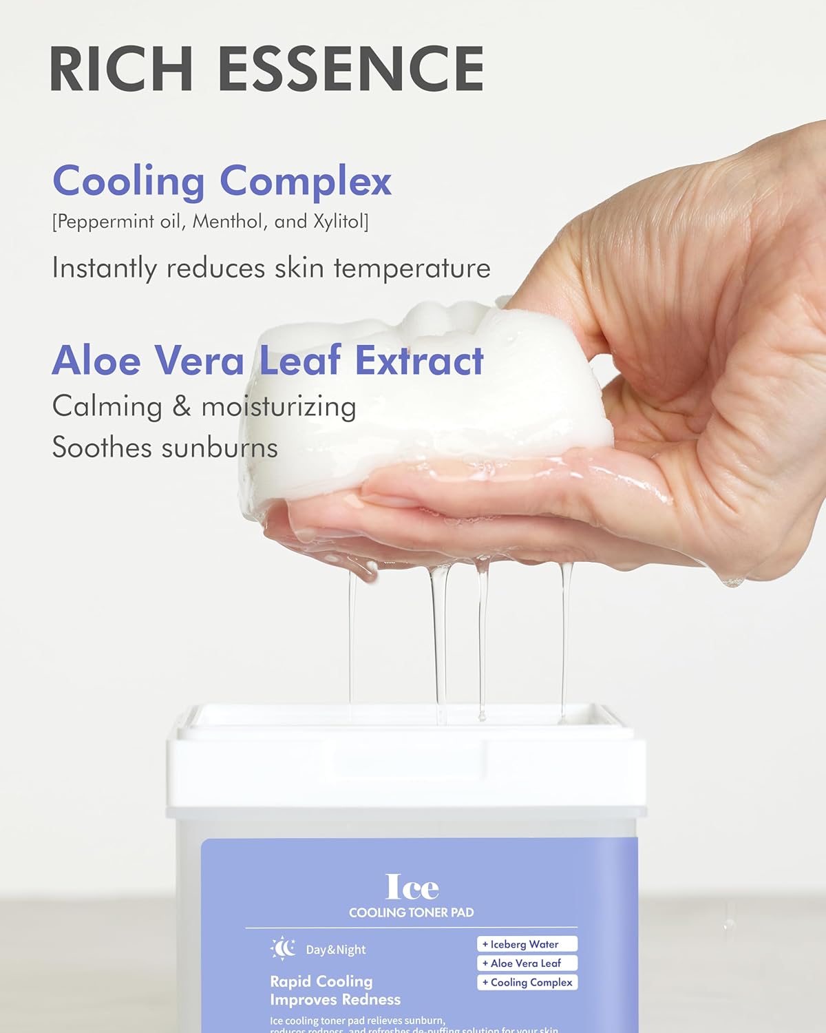 DERMAL Ice Cooling Toner Pad - Korean Soothing & Hydrating Toner Pads with Aloe Vera - After Suncare, Sunburn Relief, Redness Relief - Vegan Square Pads - High Capacity, 120 Pads-3