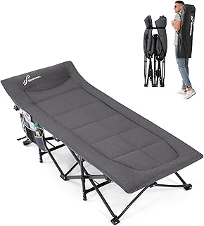 Sportneer Camping Cots for Adults, Sleeping Cot with Cushion Max Load 450 LBS Heavy Duty Folding Camping Sleeping Cot with Padded for Camping Tent Office Sleep Over (Grey, 73" Lx27 Wx14.5 H)