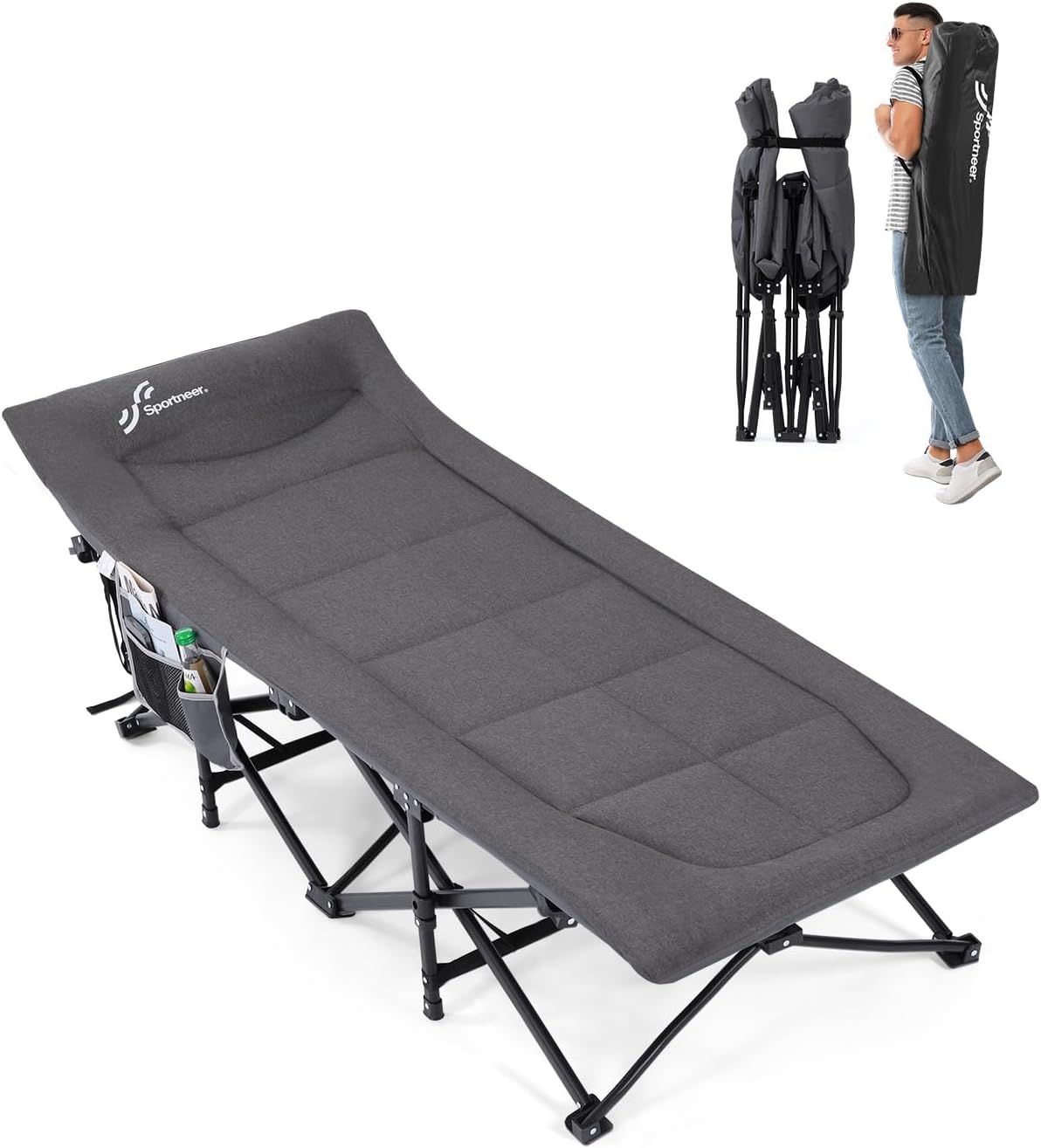 Sportneer Camping Cots for Adults, Sleeping Cot with Cushion Max Load 450 LBS Heavy Duty Folding Camping Sleeping Cot with Padded for Camping Tent Office Sleep Over (Grey, 73" Lx27 Wx14.5 H)-0