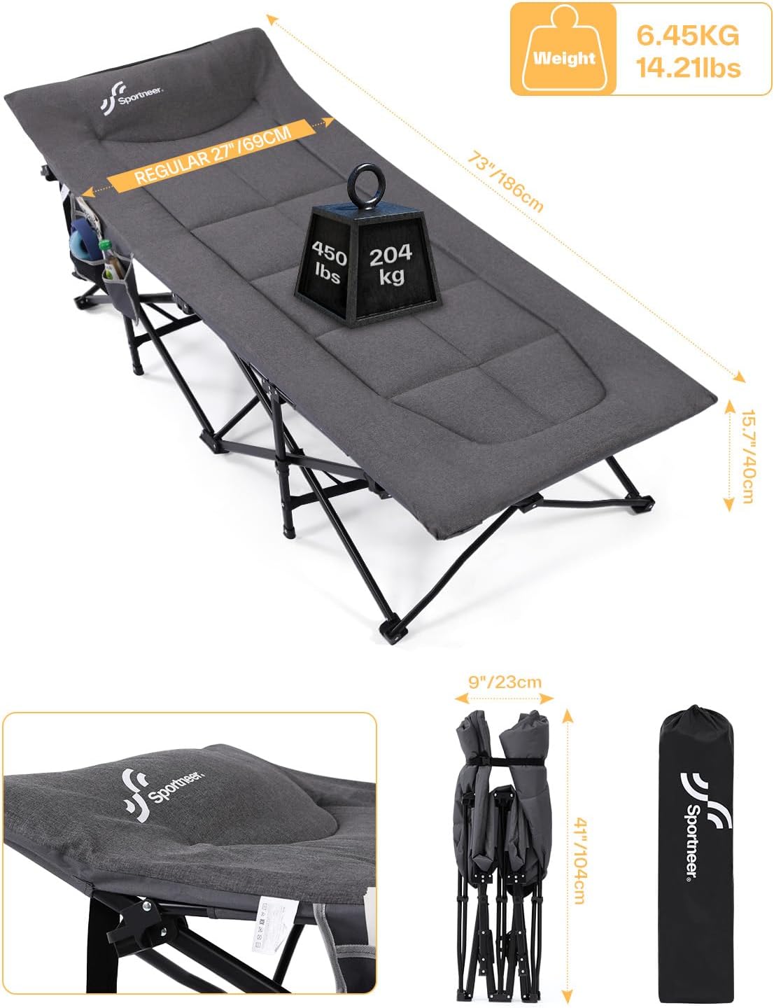 Sportneer Camping Cots for Adults, Sleeping Cot with Cushion Max Load 450 LBS Heavy Duty Folding Camping Sleeping Cot with Padded for Camping Tent Office Sleep Over (Grey, 73" Lx27 Wx14.5 H)-2