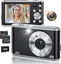 4K Digital Camera, Camkory AutoFocus Point and Shoot Digital Camera with 32GB Card, 16X Zoom, Flash Compact 48MP Cameras for Photogrpahy Small Travel Camera for Teens Adults Beginners, Black