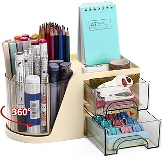 Desk Organizer with 2 Drawer, 360-Degree Rotating Pen Pencil Holder for Desk, Desk Organizers and Accessories with 6 Slots Pen Organizer for Art Supply Storage Box Caddy for Office, Home （Beige）