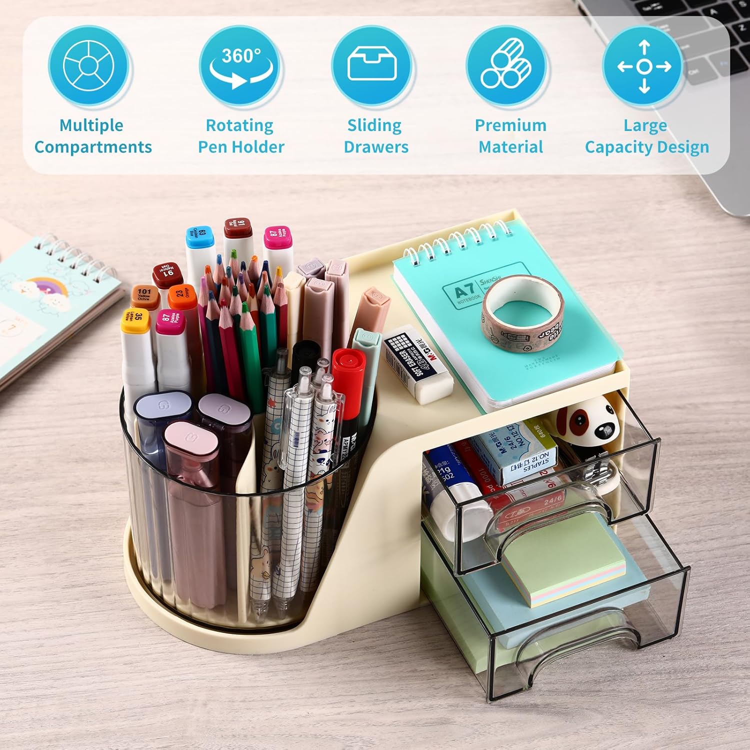 Desk Organizer with 2 Drawer, 360-Degree Rotating Pen Pencil Holder for Desk, Desk Organizers and Accessories with 6 Slots Pen Organizer for Art Supply Storage Box Caddy for Office, Home （Beige）-1