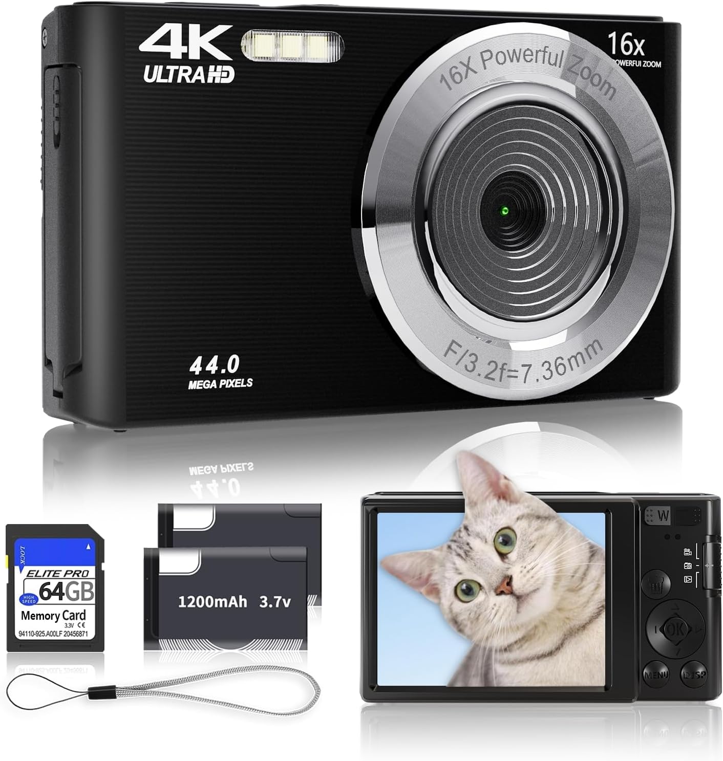 Black Digital Camera 2024 Newest 4K 44MP Digital Cameras for Teens, Digital Point and Shoot Camera for Kids with 16X Zoom, 64GB SD Card, Compact Small Camera for Boys Girls Teens Kids Gift-0