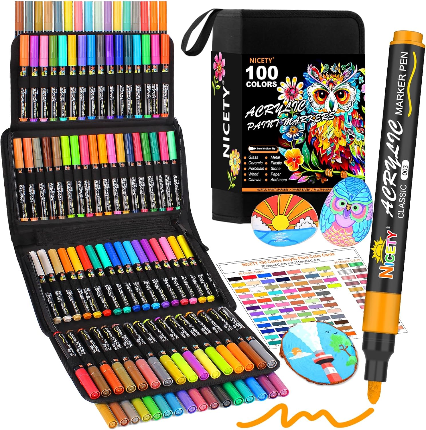 NICETY 100 Colors Acrylic Paint Pens Paint Markers, 3mm Medium Tip Paint Markers for Rock Painting, Canvas, Wood, Stone, Ceramic, Glass, Fabric, DIY Crafts & Art Supplies-0