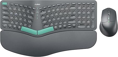 Nulea KM75 Advanced Ergonomic Wireless Keyboard and Mouse Combo, Comfortable Natural Typing, Palm Rest, Multi-Device (Bluetooth, 2.4G, Wired), Rechargeable, for Multi-OS, Windows, Mac, Android(Grey)