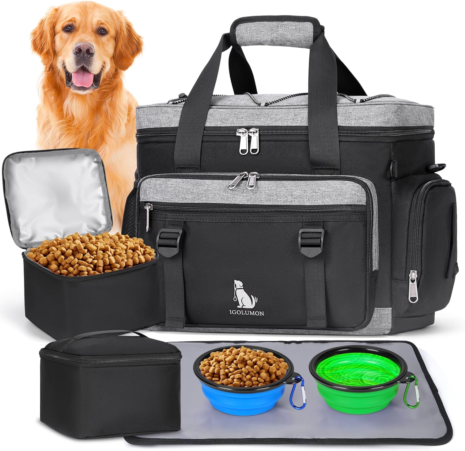 IGOLUMON Dog Travel Bag Large Pet Travel Bags Set for Supplies Weekend Dog Travel Kit Tote Organizer Multi-Pockets Dog Food Travel Bag with 2 Extra Large Food Containers, 2 Dog Bowls, 1 Feeding Mat-0