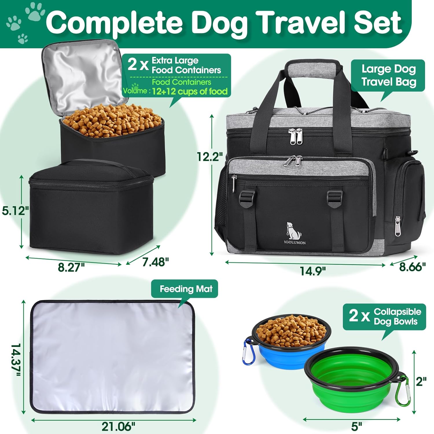 IGOLUMON Dog Travel Bag Large Pet Travel Bags Set for Supplies Weekend Dog Travel Kit Tote Organizer Multi-Pockets Dog Food Travel Bag with 2 Extra Large Food Containers, 2 Dog Bowls, 1 Feeding Mat-2