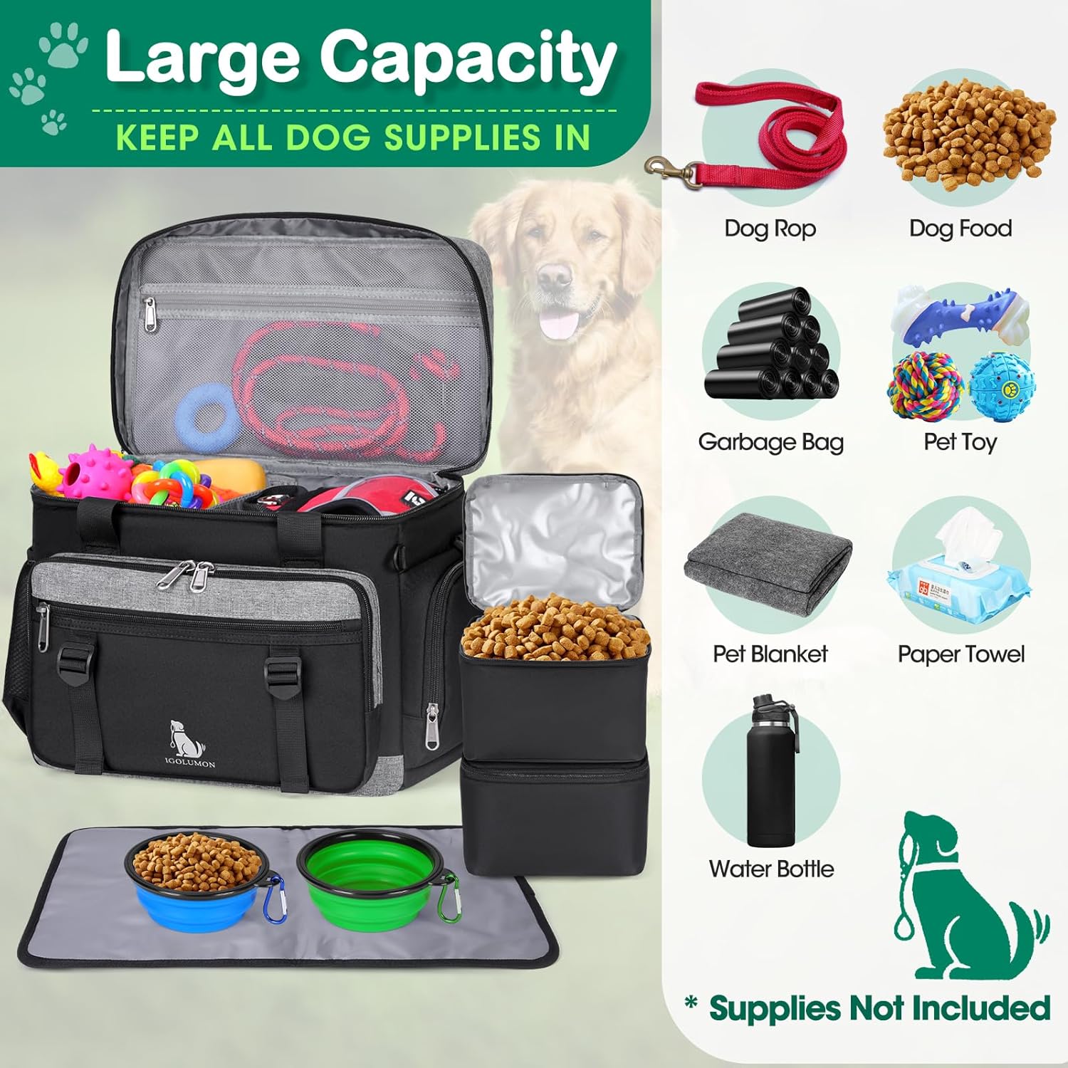 IGOLUMON Dog Travel Bag Large Pet Travel Bags Set for Supplies Weekend Dog Travel Kit Tote Organizer Multi-Pockets Dog Food Travel Bag with 2 Extra Large Food Containers, 2 Dog Bowls, 1 Feeding Mat-3