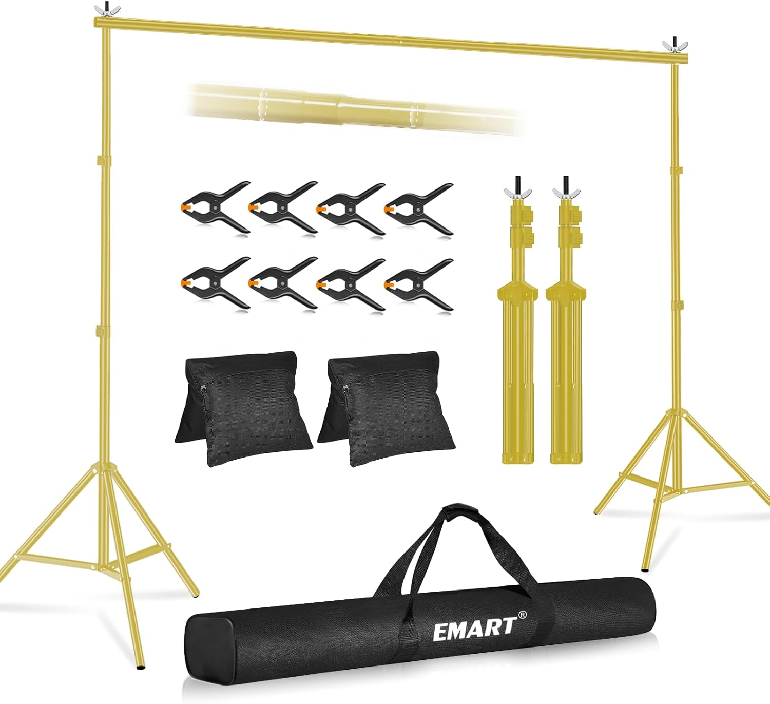 EMART Backdrop Stand 10x8.5ft(WxH) Photo Studio Adjustable Background Stand Support Kit with 2 Crossbars, 8 Backdrop Clamps, 2 Sandbags and Carrying Bag for Parties Events Decoration -Titanium Gold-0