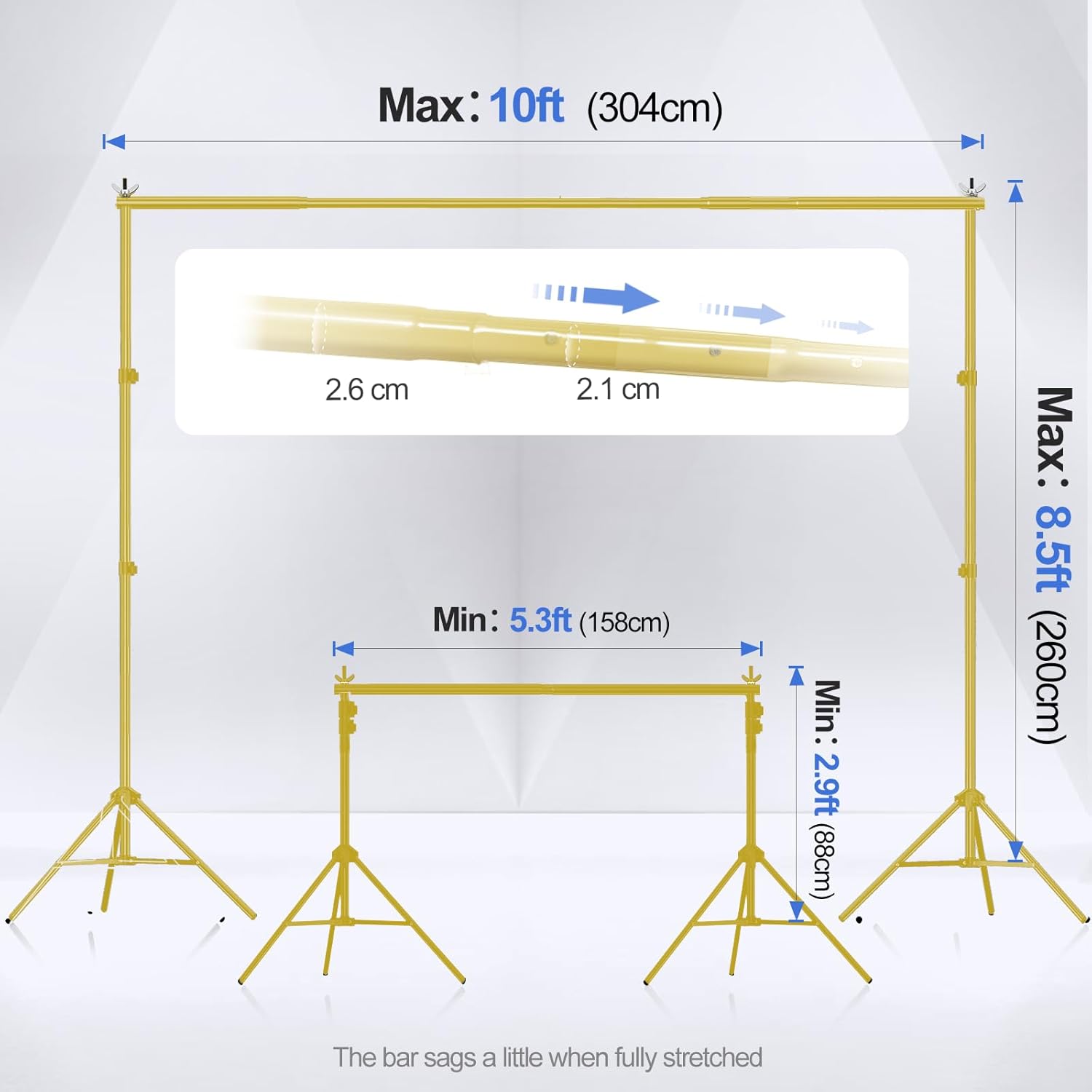 EMART Backdrop Stand 10x8.5ft(WxH) Photo Studio Adjustable Background Stand Support Kit with 2 Crossbars, 8 Backdrop Clamps, 2 Sandbags and Carrying Bag for Parties Events Decoration -Titanium Gold-1