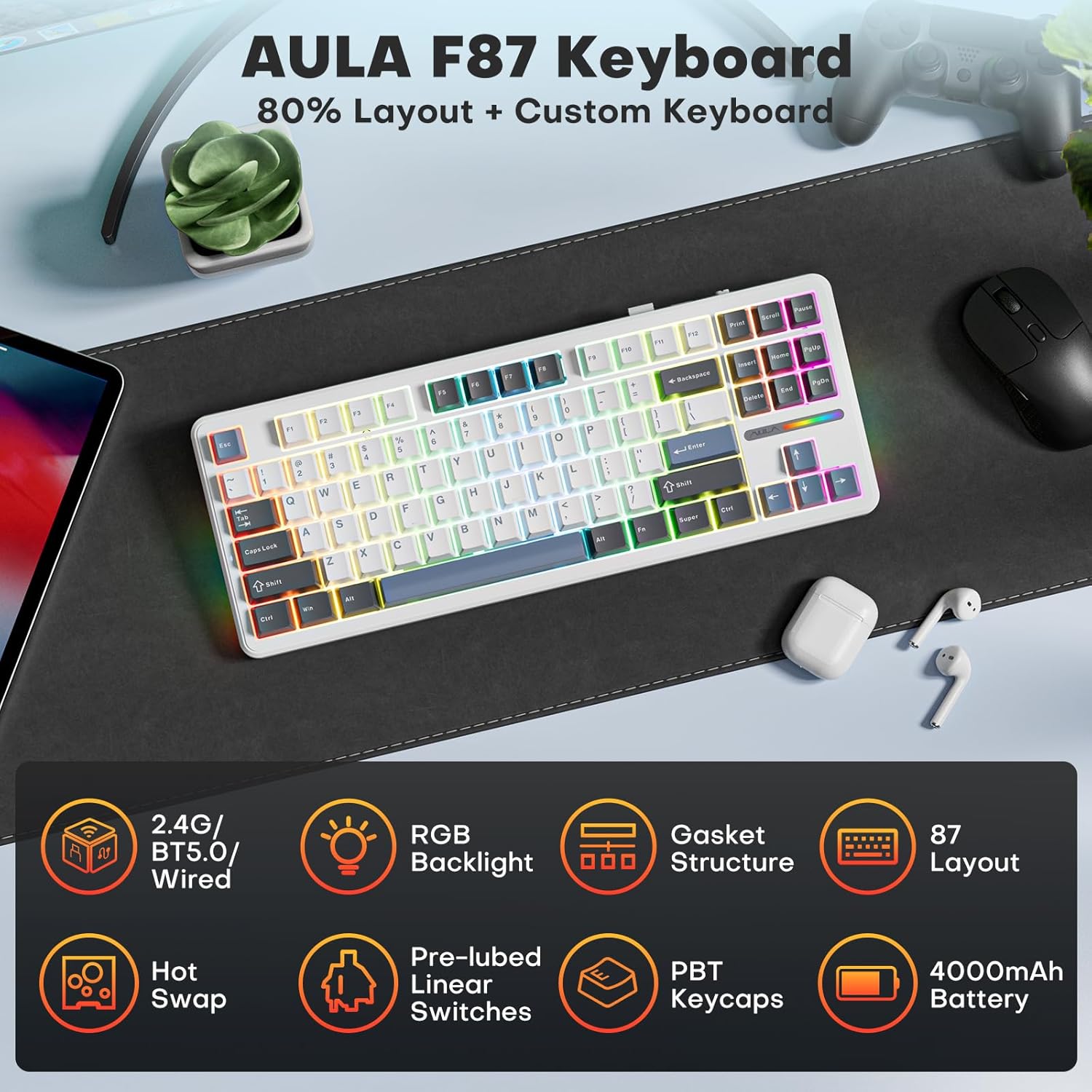 AULA Wireless Keyboard, F87 Mechanical Keyboard Hot Swappable Custom Keyboard, 2.4Ghz/Type-C/Bluetooth Gaming Keyboards, Gasket Structure Linear Greywood Switches RGB Backlit Keyboard for WINS/PC/Mac-1