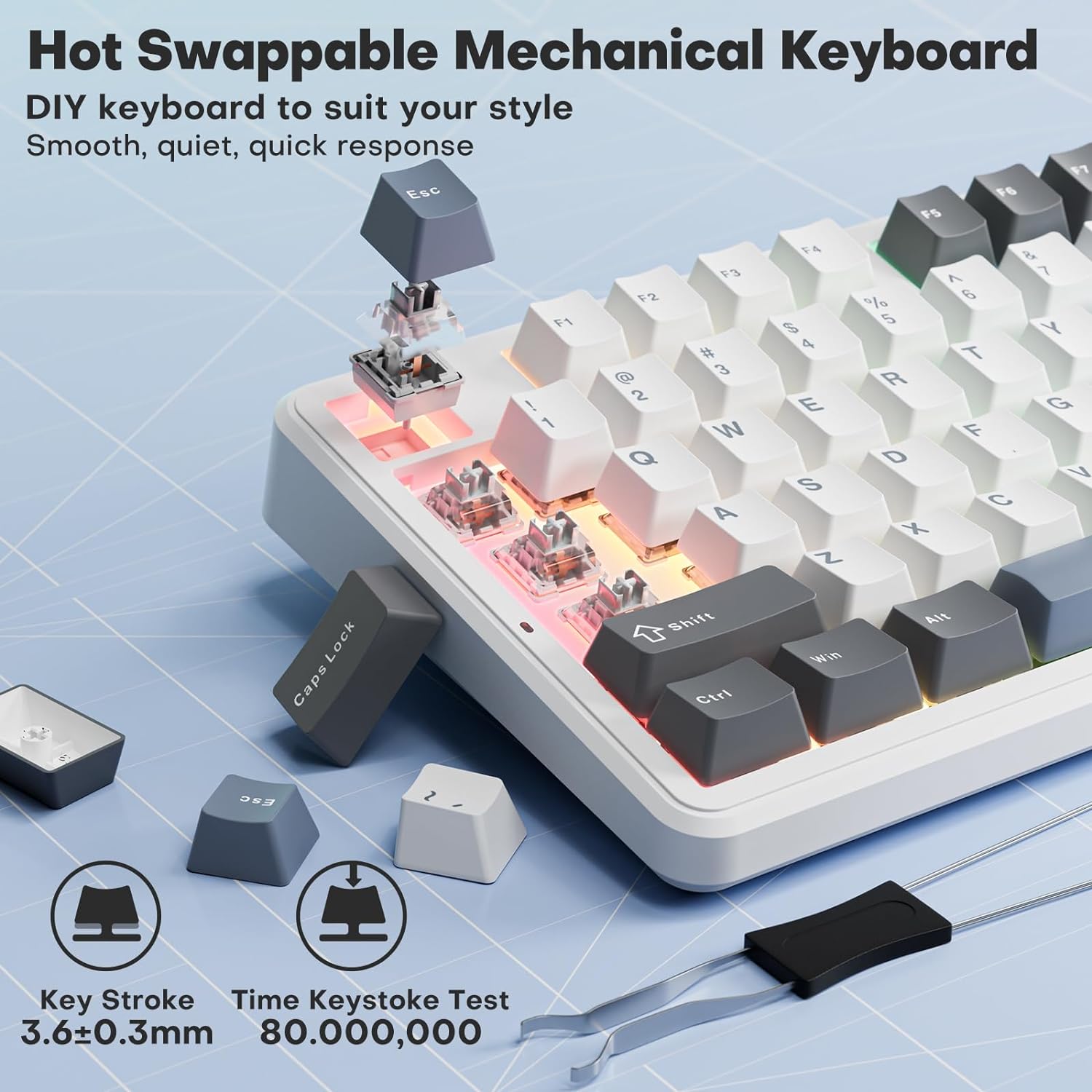 AULA Wireless Keyboard, F87 Mechanical Keyboard Hot Swappable Custom Keyboard, 2.4Ghz/Type-C/Bluetooth Gaming Keyboards, Gasket Structure Linear Greywood Switches RGB Backlit Keyboard for WINS/PC/Mac-5