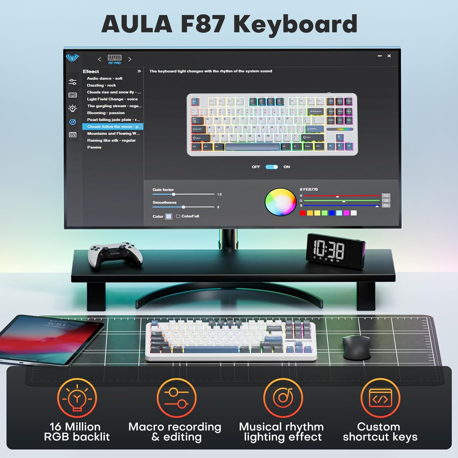 AULA Wireless Keyboard, F87 Mechanical Keyboard Hot Swappable Custom Keyboard, 2.4Ghz/Type-C/Bluetooth Gaming Keyboards, Gasket Structure Linear Greywood Switches RGB Backlit Keyboard for WINS/PC/Mac-6