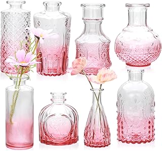 Brajttt Pink Flower Vase Set, Glass Bud Vase in Bulk Set of 8,Artistic and Cultural Flavor Mini Vases for Home Office Decor, Bedroom, Office, Living Room Decorations,Wedding