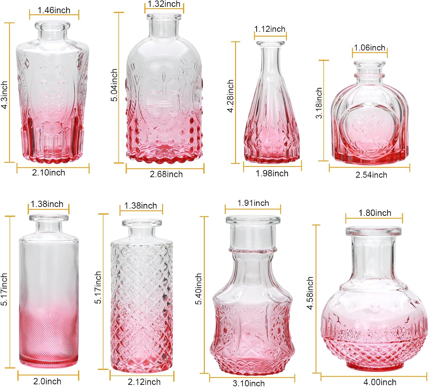 Brajttt Pink Flower Vase Set, Glass Bud Vase in Bulk Set of 8,Artistic and Cultural Flavor Mini Vases for Home Office Decor, Bedroom, Office, Living Room Decorations,Wedding-1