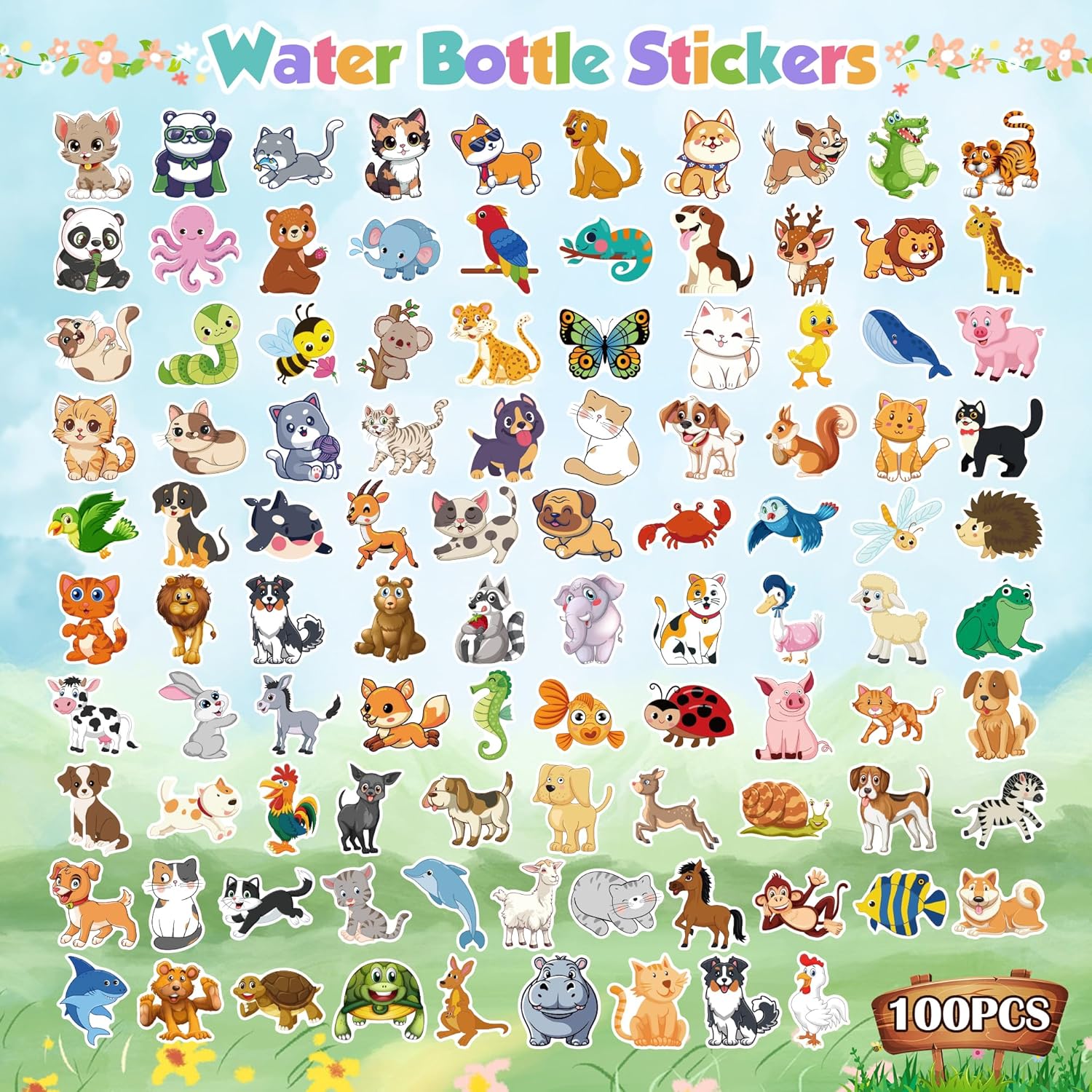 OHOME Stocking Stuffers for Kids - Water Bottle Stickers for Kids,Cute Animal Aesthetic Sticker Pack - Party Favors for Kids 4-8 | 3-12 Boy Girl Birthday Gift,Arts Crafts Preppy Stuff for 8-12,100 PCS-1