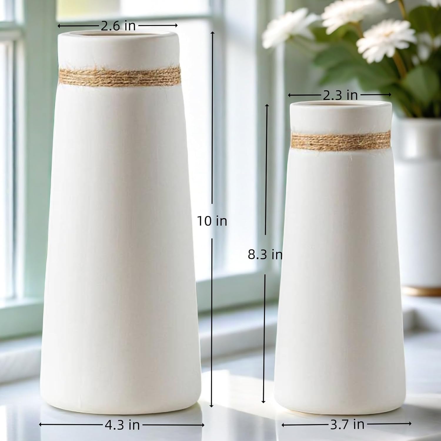 Matte White Cylinder Ceramic Flower Vase of 2, Mid Century Minimalist Vases for Modern Boho Ins Style Coffee Table Shelf Home Decor, Living Room Centerpieces Decorative (M 8.3 in + Large 10 in)-2