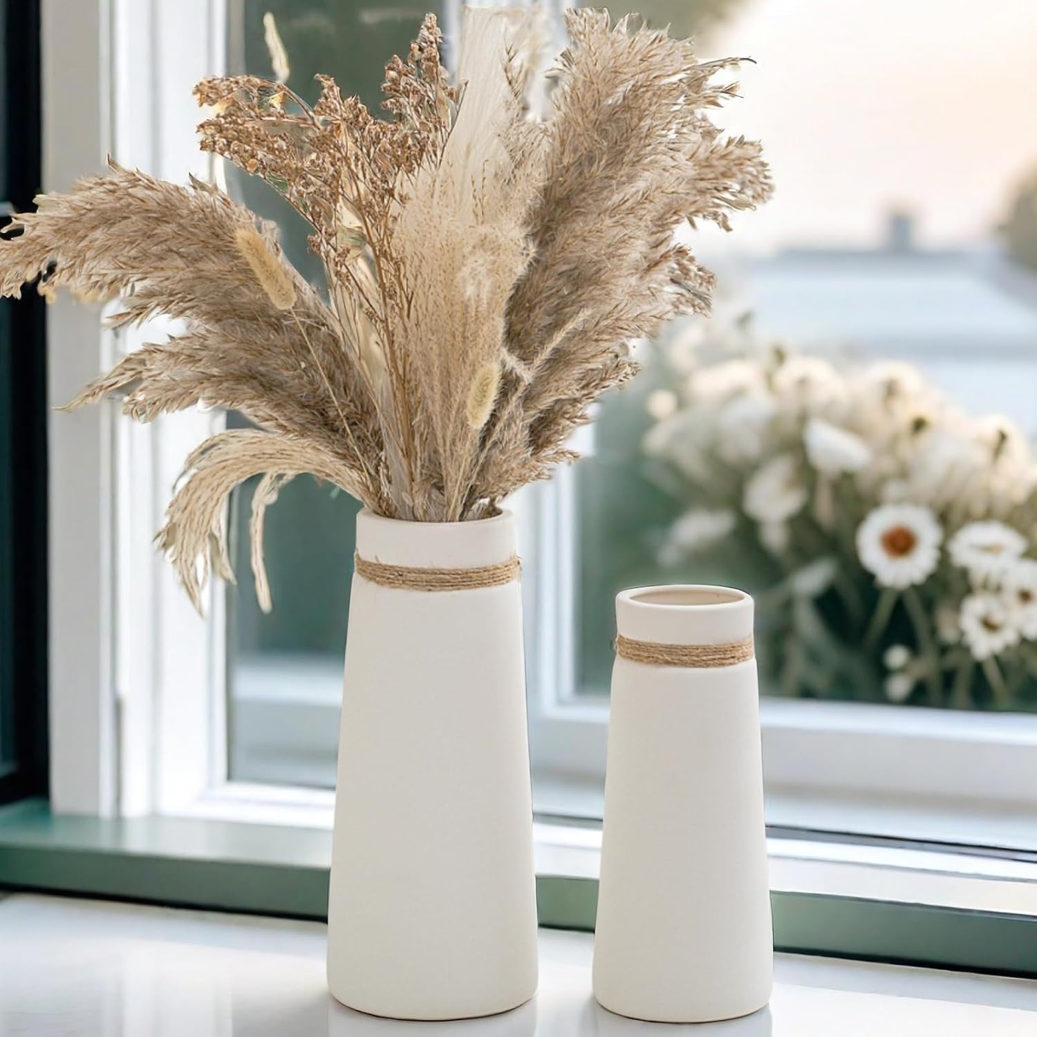 Matte White Cylinder Ceramic Flower Vase of 2, Mid Century Minimalist Vases for Modern Boho Ins Style Coffee Table Shelf Home Decor, Living Room Centerpieces Decorative (M 8.3 in + Large 10 in)-5