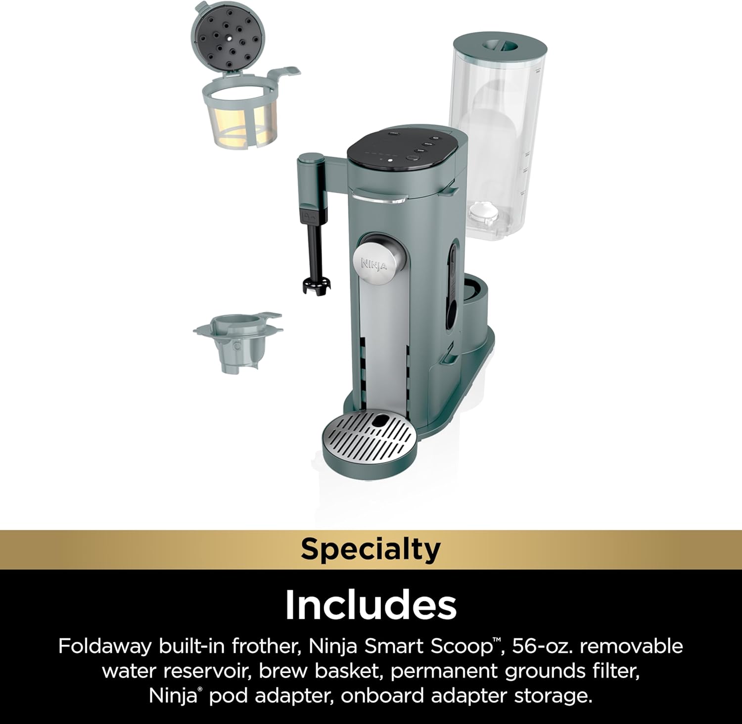 Ninja Pods & Grounds Specialty Single-Serve Coffee Maker, K-Cup Pod Compatible, Built-In Milk Frother, 6-oz. Cup to 24-oz. Travel Mug Sizes, Iced Coffee Maker, 1550 watts, Sage Green, PB051SG-10