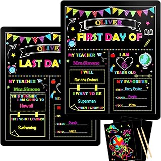 First Day of School Sign Board, 12 x 10 Inch Double Sided Back to School Sign for Girls Boys, Kindergarten School Supplies + Scratch Paper, First and Last Day of School Chalkboard