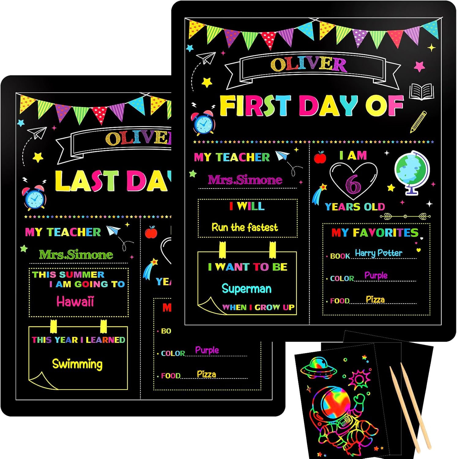 First Day of School Sign Board, 12 x 10 Inch Double Sided Back to School Sign for Girls Boys, Kindergarten School Supplies + Scratch Paper, First and Last Day of School Chalkboard-0