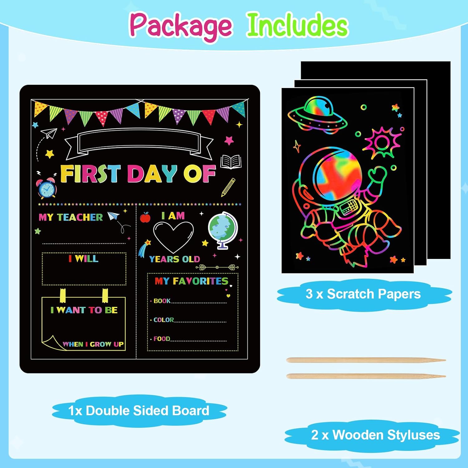 First Day of School Sign Board, 12 x 10 Inch Double Sided Back to School Sign for Girls Boys, Kindergarten School Supplies + Scratch Paper, First and Last Day of School Chalkboard-1