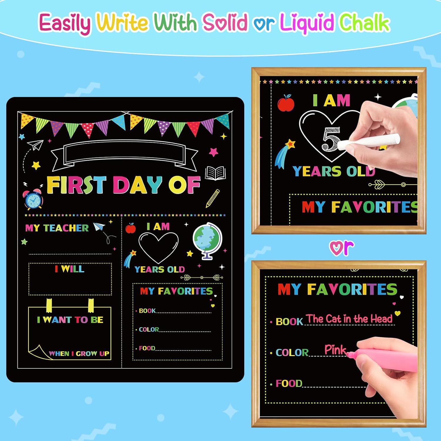 First Day of School Sign Board, 12 x 10 Inch Double Sided Back to School Sign for Girls Boys, Kindergarten School Supplies + Scratch Paper, First and Last Day of School Chalkboard-2