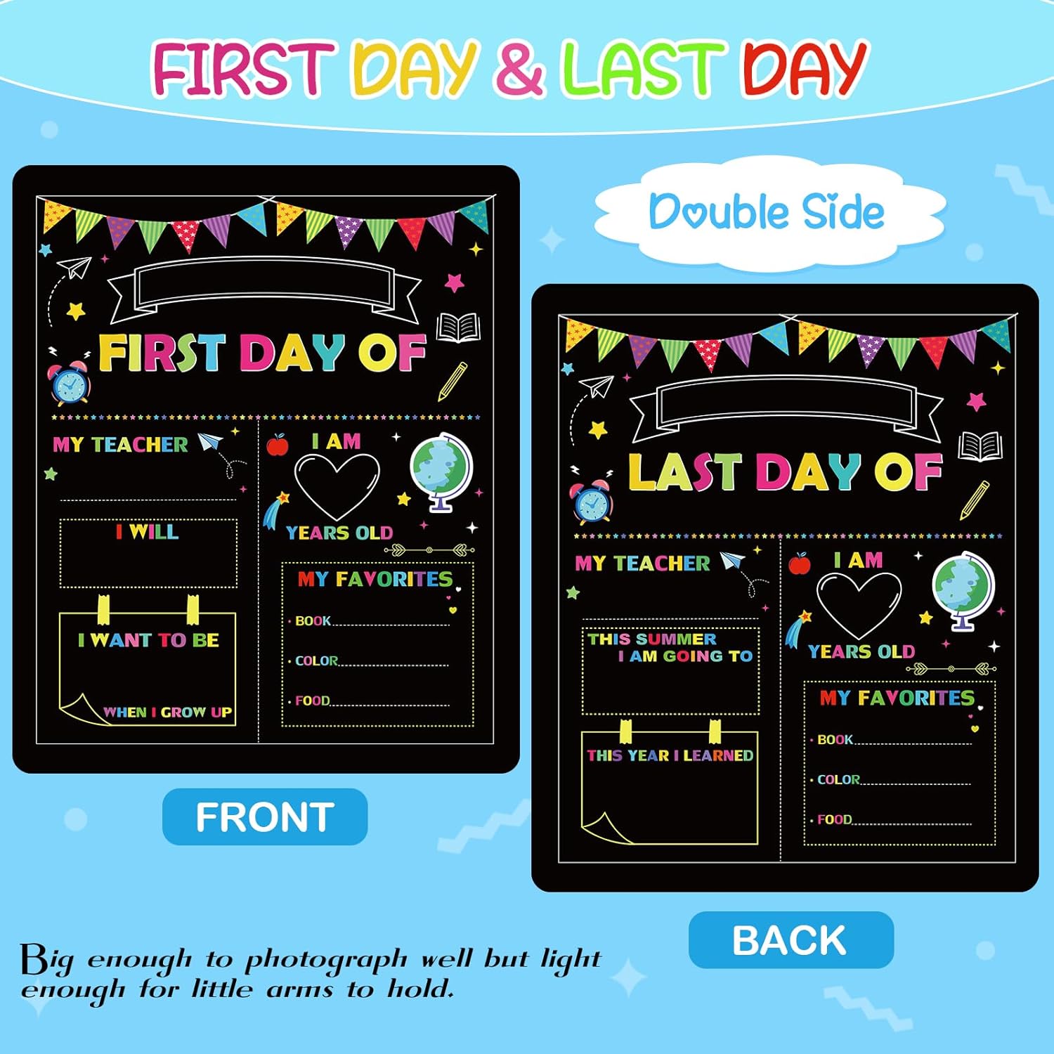 First Day of School Sign Board, 12 x 10 Inch Double Sided Back to School Sign for Girls Boys, Kindergarten School Supplies + Scratch Paper, First and Last Day of School Chalkboard-6