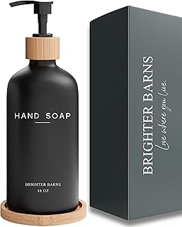 Black Glass Hand Soap Dispenser Bathroom Set by Brighter Barns - Bathroom Soap Dispenser Set with Tray - Black Soap Dispenser - Black Bathroom Accessories for Vacation Rental, Restaurant, Spa (Black)