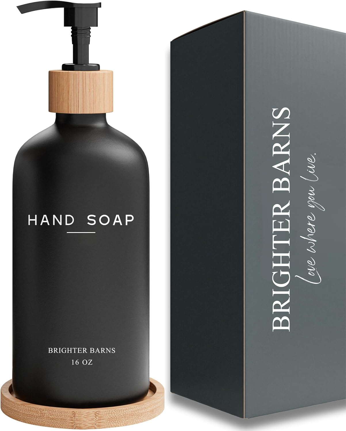 Black Glass Hand Soap Dispenser Bathroom Set by Brighter Barns - Bathroom Soap Dispenser Set with Tray - Black Soap Dispenser - Black Bathroom Accessories for Vacation Rental, Restaurant, Spa (Black)-0