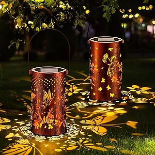 2 Pack LED Solar Lanterns Hummingbird Butterfly Outdoor Hanging Lantern Lights Metal Delicate Waterproof Outdoor Decor Lantern Decoration for Patio Yard Pathway Landscape Garden