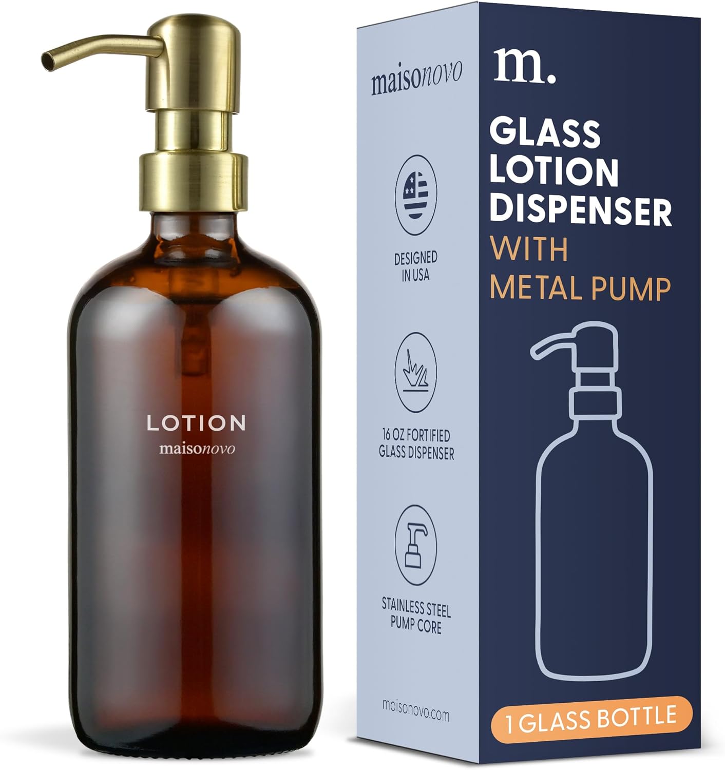 MaisoNovo Glass Lotion Dispenser with Pump | 16.9 fl oz Amber Glass Gold Pump x 1-0