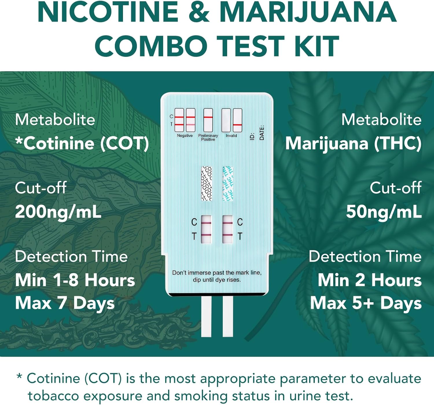 Easy@Home Multi-Drug Screen Test, 5 Pack Marijuana & Nicotine Urine Drug Test Kits, Testing for THC and Nicotine Metabolites Cotinine(COT) in Urine, Accurate Home Drug Testing Kits, EDOAP-124-1