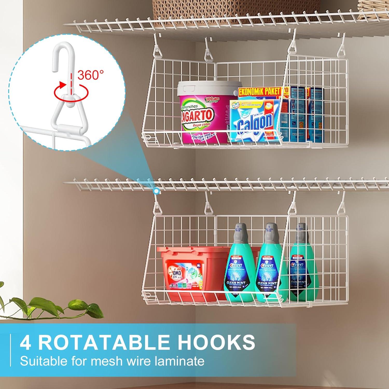 3-Tier Hanging Laundry Basket Organizer：Foldable Wire Shelf Laundry Room Organizer with 360°Rotating Hooks Space Saving Over Washer and Dryer Shelves - Metal laundry organization and storage, white-2