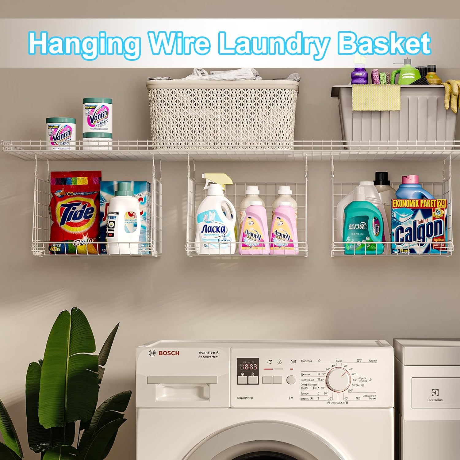 3-Tier Hanging Laundry Basket Organizer：Foldable Wire Shelf Laundry Room Organizer with 360°Rotating Hooks Space Saving Over Washer and Dryer Shelves - Metal laundry organization and storage, white-4