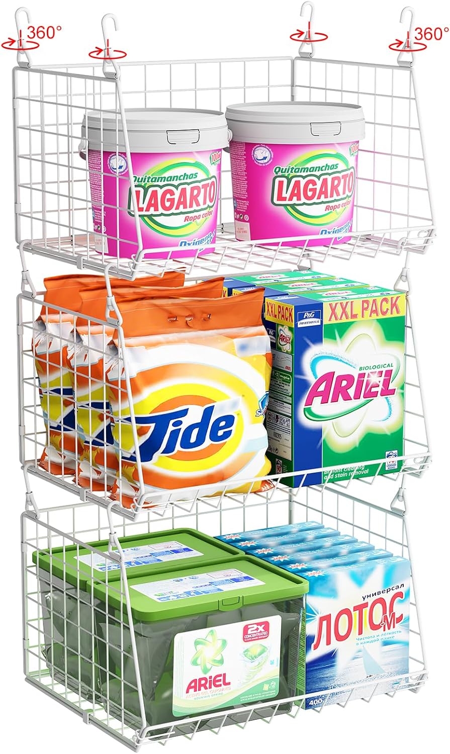 3-Tier Hanging Laundry Basket Organizer：Foldable Wire Shelf Laundry Room Organizer with 360°Rotating Hooks Space Saving Over Washer and Dryer Shelves - Metal laundry organization and storage, white-7