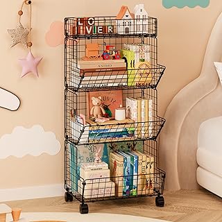 Bath Toy Storage Organizer, 4 Tier Rolling Outdoor Toy Storage, Wire Toy Organizer Kids Bookshelf for Playroom Bedroom (Black, Extra Large)