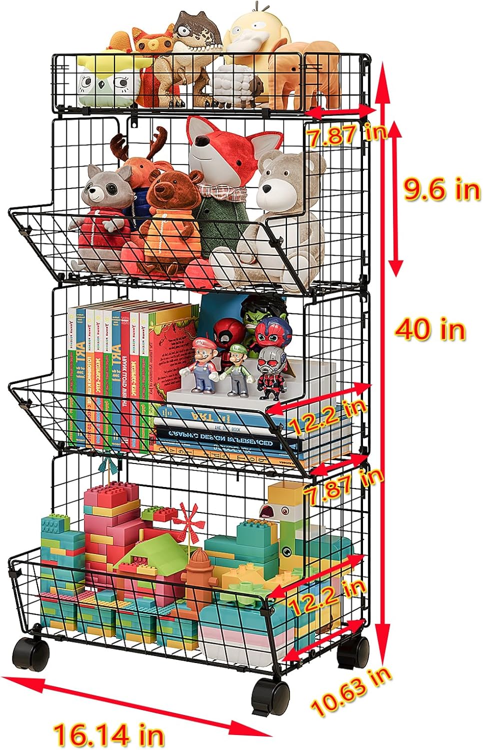 Bath Toy Storage Organizer, 4 Tier Rolling Outdoor Toy Storage, Wire Toy Organizer Kids Bookshelf for Playroom Bedroom (Black, Extra Large)-2