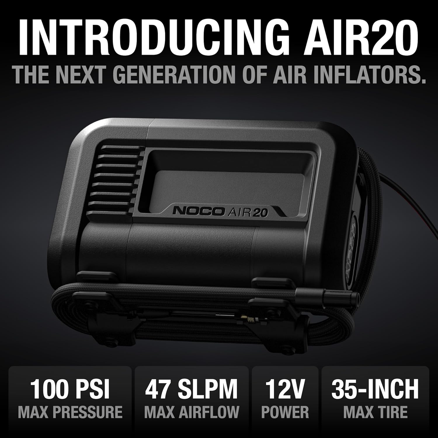 NOCO AIR20 UltraFast 20A Tire Inflator, 12V Portable Air Compressor Pump, Rated at 100 PSI, Inflates Tires from 0-40 PSI in 2.5 Minutes with a Digital Gauge, Smart Pressure and Auto-Shutoff-1