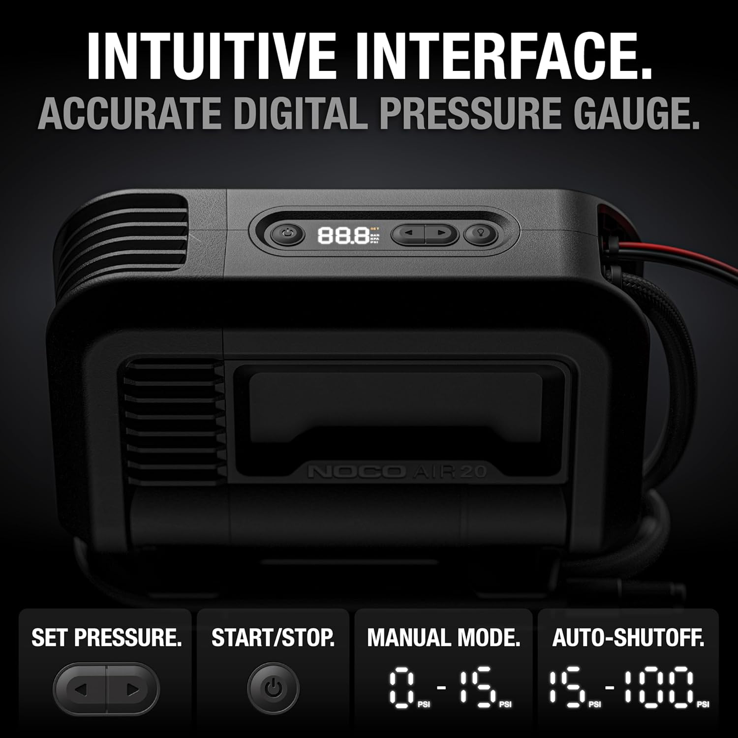 NOCO AIR20 UltraFast 20A Tire Inflator, 12V Portable Air Compressor Pump, Rated at 100 PSI, Inflates Tires from 0-40 PSI in 2.5 Minutes with a Digital Gauge, Smart Pressure and Auto-Shutoff-5