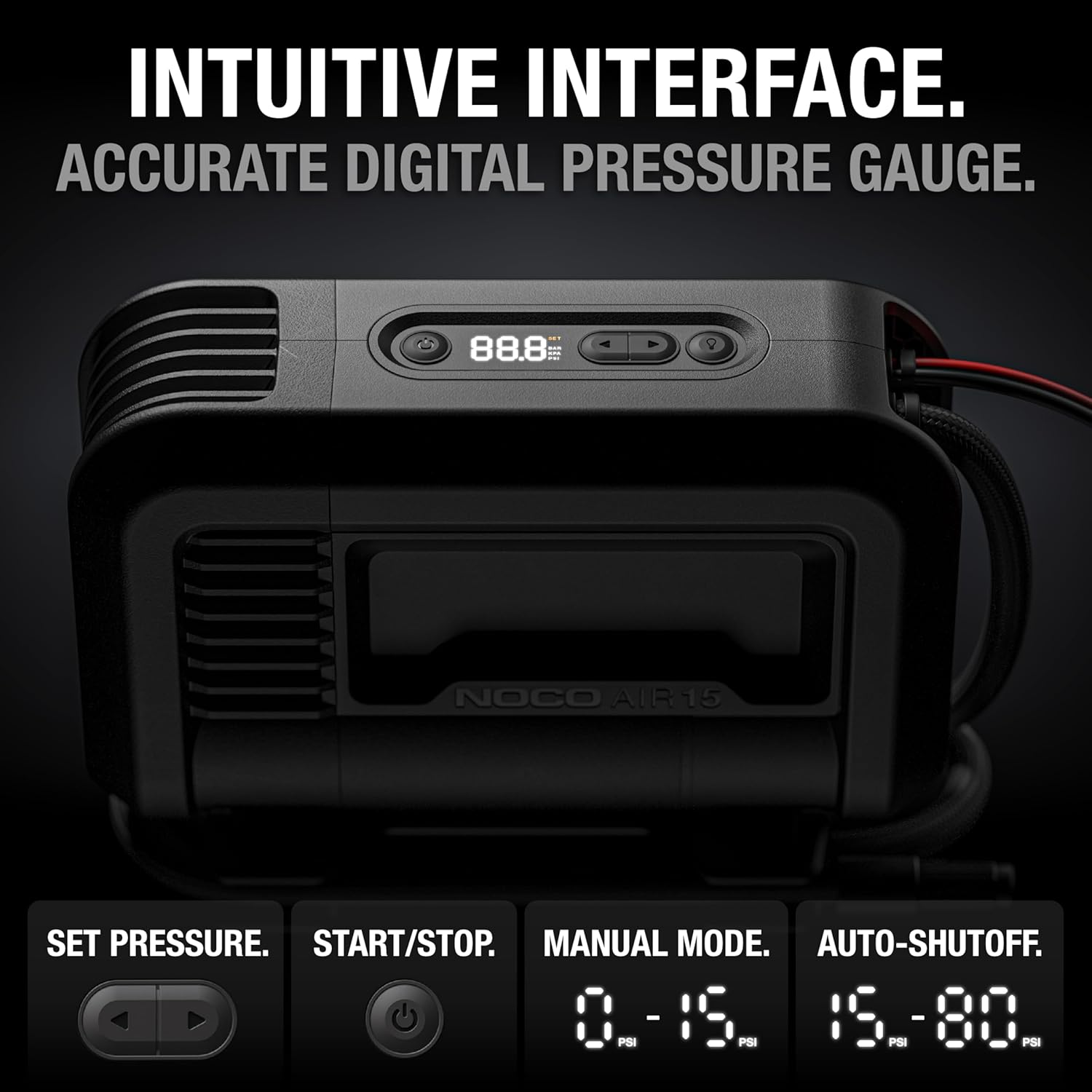 NOCO AIR15 UltraFast 15A Tire Inflator, 12V Portable Air Compressor Pump, Rated at 80 PSI, Inflates Tires from 0-40 PSI in 2.9 Minutes with a Digital Gauge, Smart Pressure and Auto-Shutoff-5