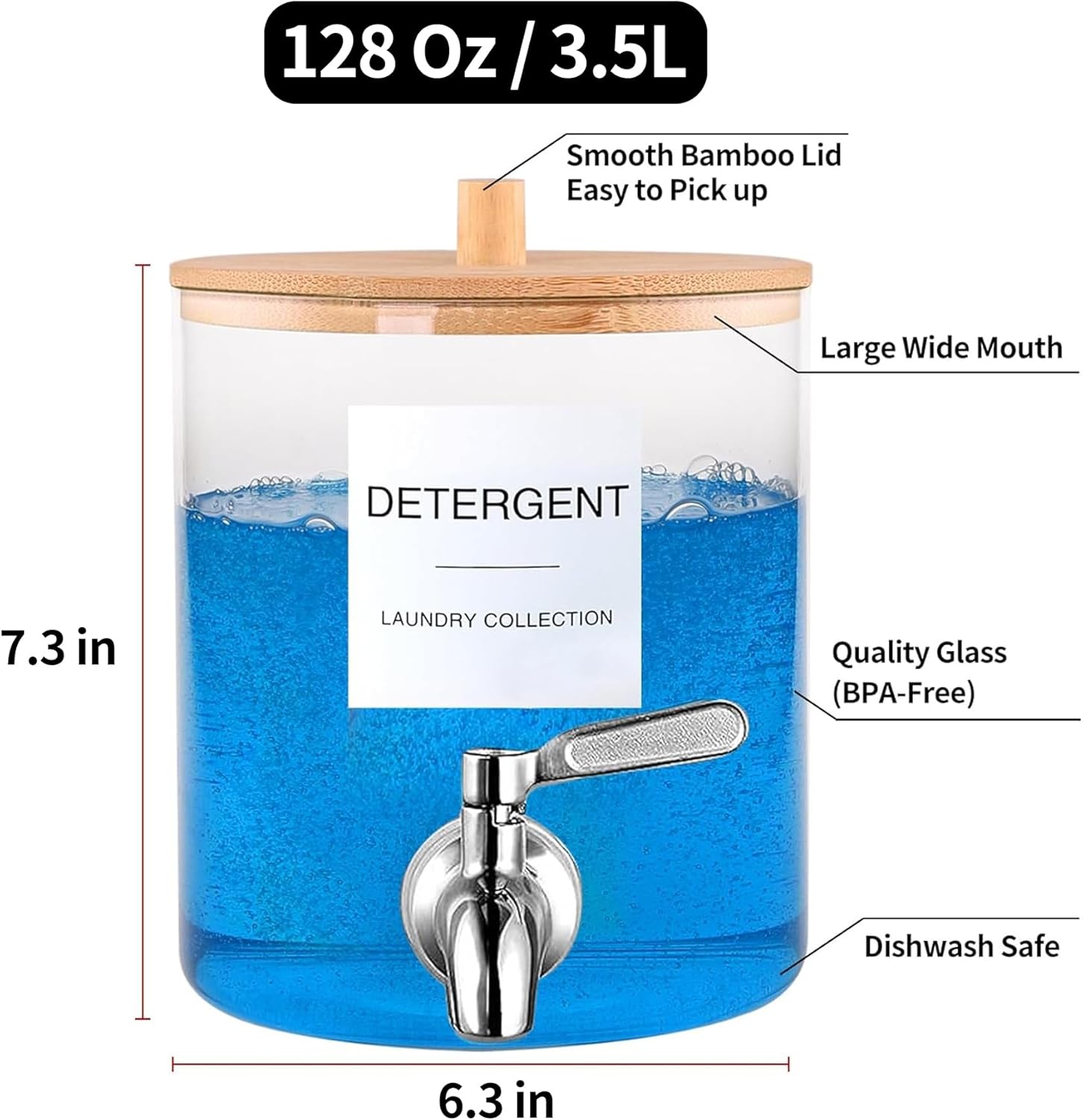 Glass Laundry Detergent Dispenser, 128 oz / 3.5L Fabric Softener Dispenser for Laundry Room Organization, Detergent Holder with 304 Spigot, Glass Soap Container (Set of 1)-4