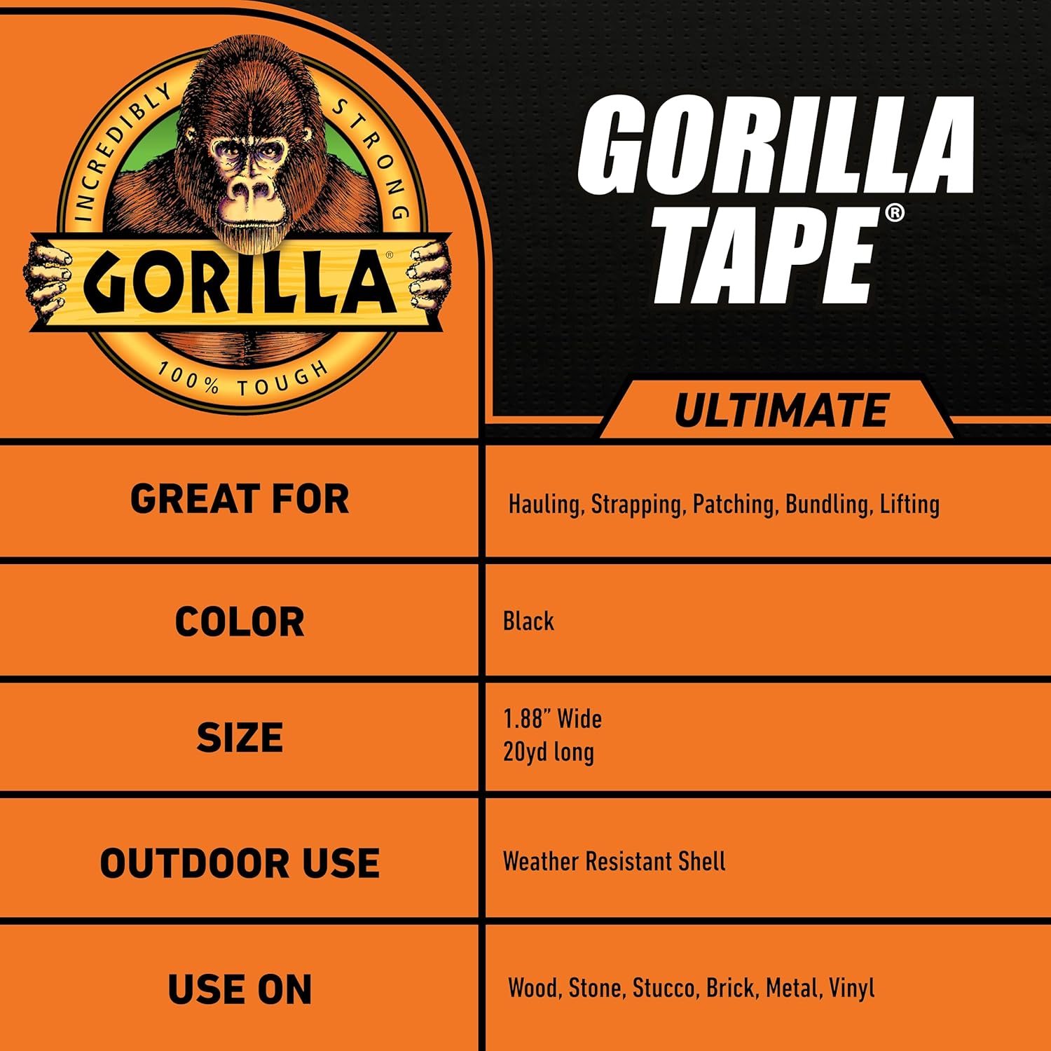 Gorilla Ultimate Tape, High Tensile Cloth with Double-Thick Adhesive for Hauling, Strapping, Patching, Bundling, Lifting, 1.88" x 20yd, Black (Pack of 1)-4