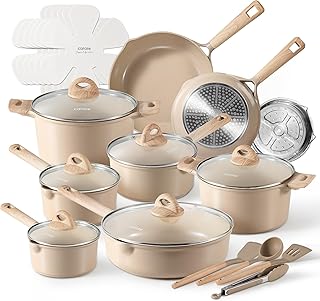 CAROTE 25pcs Ceramic Pots and Pans Set, Healthy Kitchen Cookware Sets, Kitchen Induction Pots and Pans Cooking Sets, Taupe