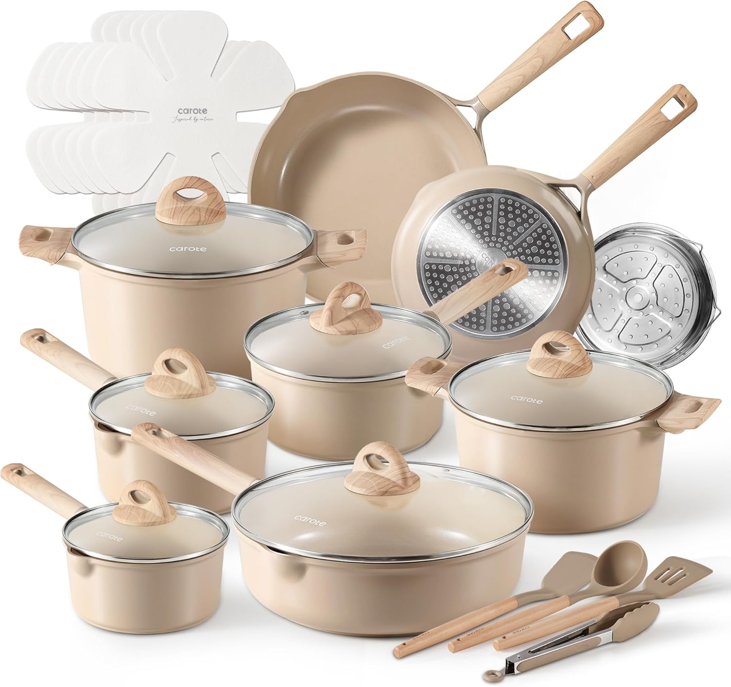 CAROTE 25pcs Ceramic Pots and Pans Set, Healthy Kitchen Cookware Sets, Kitchen Induction Pots and Pans Cooking Sets, Taupe-0