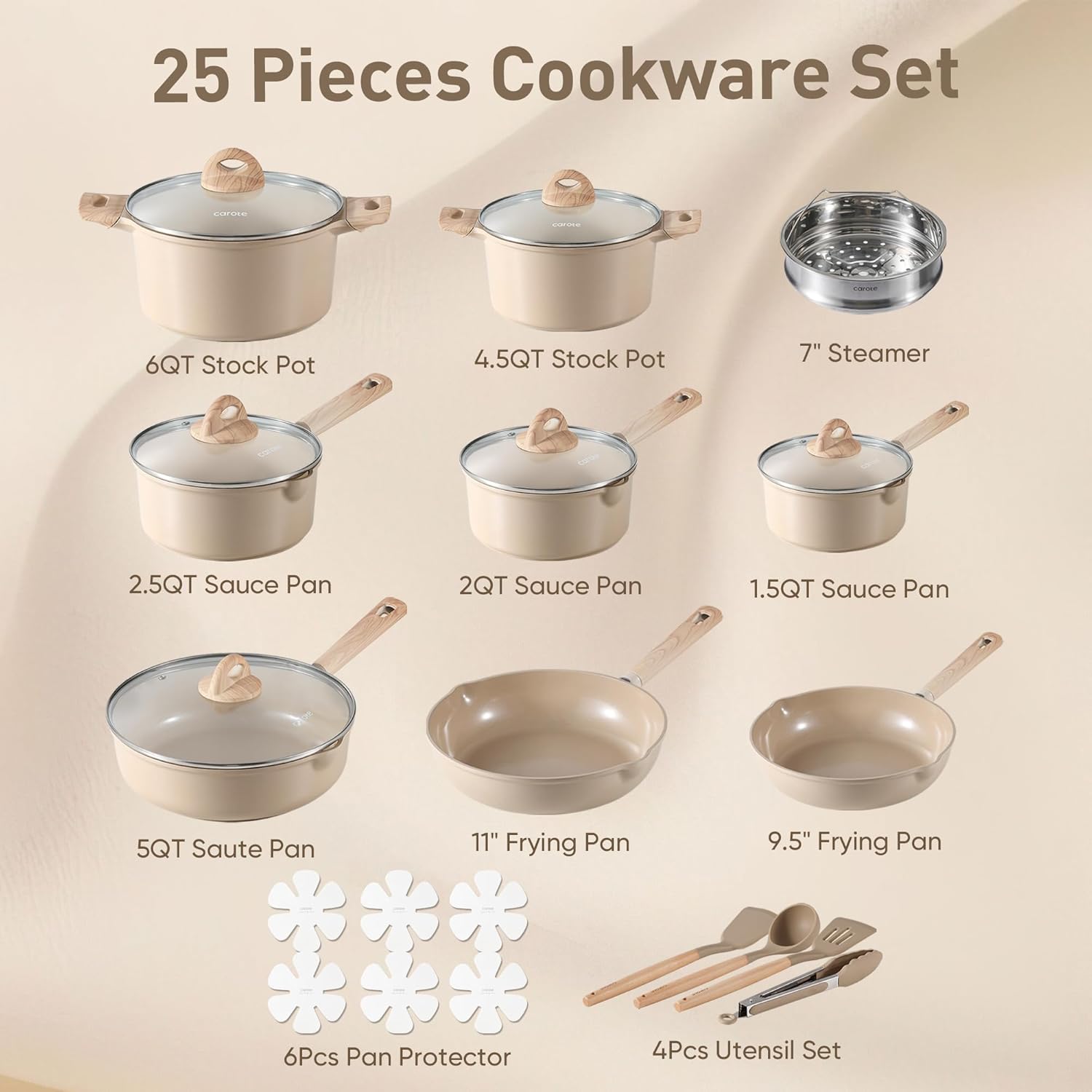 CAROTE 25pcs Ceramic Pots and Pans Set, Healthy Kitchen Cookware Sets, Kitchen Induction Pots and Pans Cooking Sets, Taupe-1